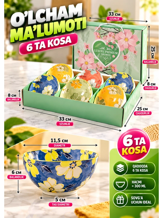 Chinni kosa va piyolalar to‘plami, keramika idishlar, salat va servir uchun, 115×50×60 mm