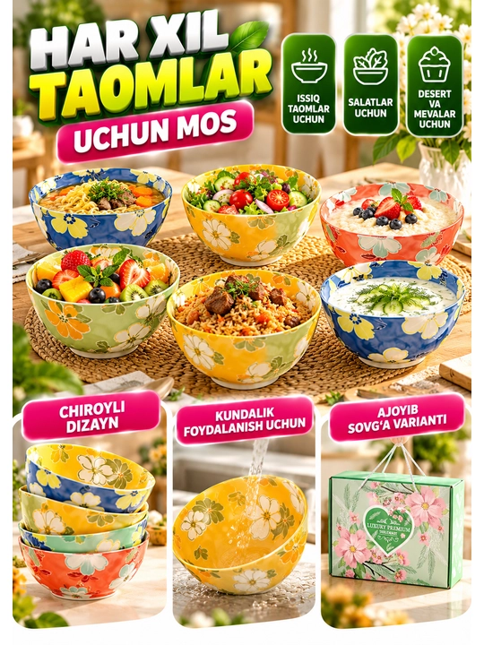 Chinni kosa va piyolalar to‘plami, keramika idishlar, salat va servir uchun, 115×50×60 mm