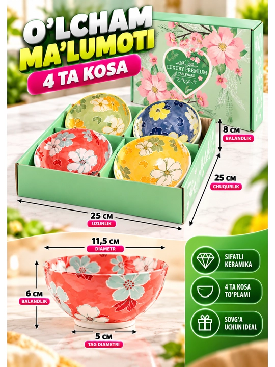 Chinni kosa va piyolalar to‘plami, keramika idishlar, salat va servir uchun, 115×50×60 mm