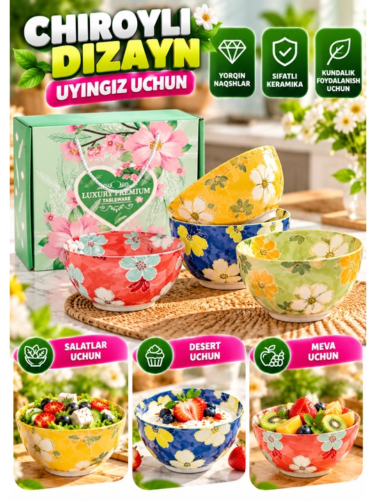 Chinni kosa va piyolalar to‘plami, keramika idishlar, salat va servir uchun, 115×50×60 mm