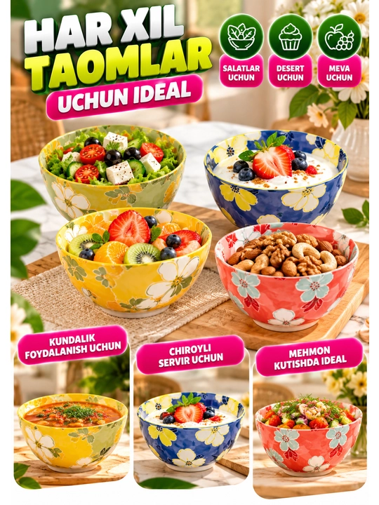 Chinni kosa va piyolalar to‘plami, keramika idishlar, salat va servir uchun, 115×50×60 mm
