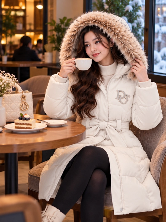 Kapyushonli, mo‘yna yoqali va belbog‘li ayollar qishki kurtkasi, issiq model Dior