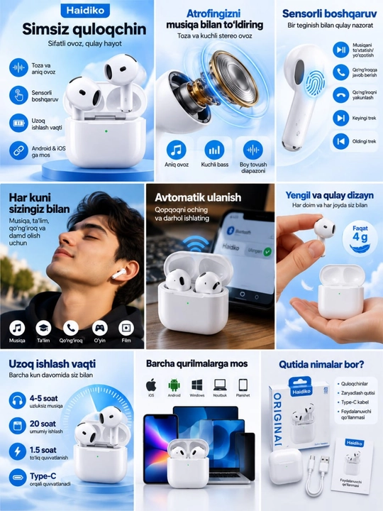 Simsiz quloqchinlar, Bluetooth naushnik Android va iPhone uchun,sensorli boshqaruv bilan