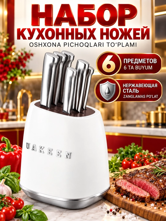 Uakeen 6 qismli oshxona pichog'i to'plami, zanglamaydigan po'latdan yasalgan, Soft-Touch - 