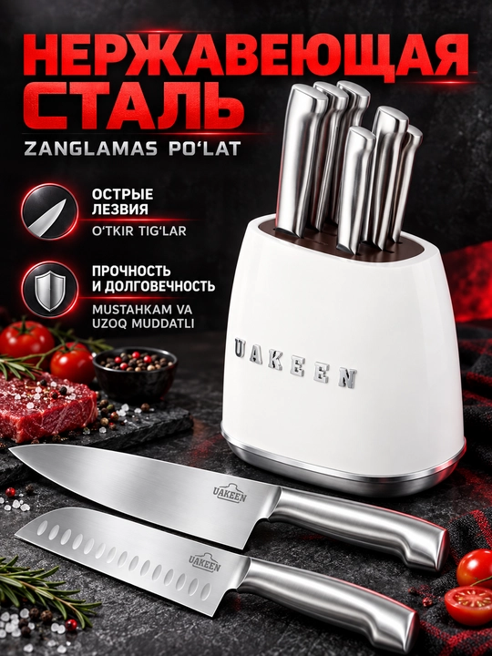 Uakeen 6 qismli oshxona pichog'i to'plami, zanglamaydigan po'latdan yasalgan, Soft-Touch