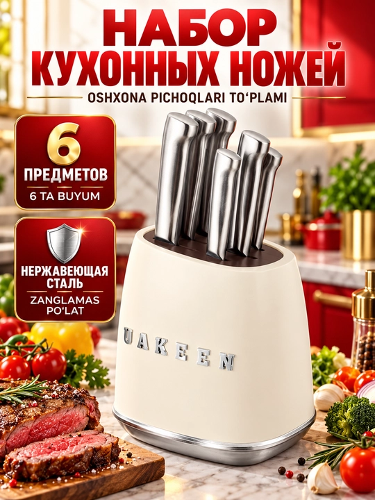 Uakeen 6 qismli oshxona pichog'i to'plami, zanglamaydigan po'latdan yasalgan, Soft-Touch - 