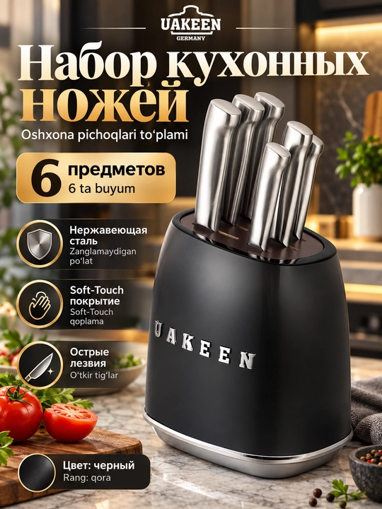 Uakeen 6 qismli oshxona pichog'i to'plami, zanglamaydigan po'latdan yasalgan, Soft-Touch - 