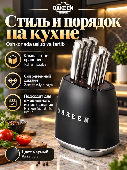 Uakeen 6 qismli oshxona pichog'i to'plami, zanglamaydigan po'latdan yasalgan, Soft-Touch