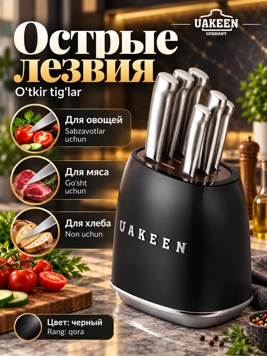Uakeen 6 qismli oshxona pichog'i to'plami, zanglamaydigan po'latdan yasalgan, Soft-Touch