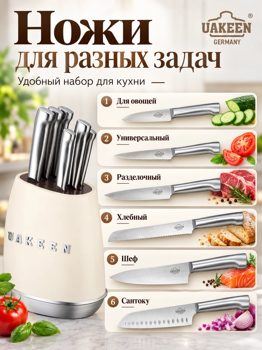 Uakeen 6 qismli oshxona pichog'i to'plami, zanglamaydigan po'latdan yasalgan, Soft-Touch