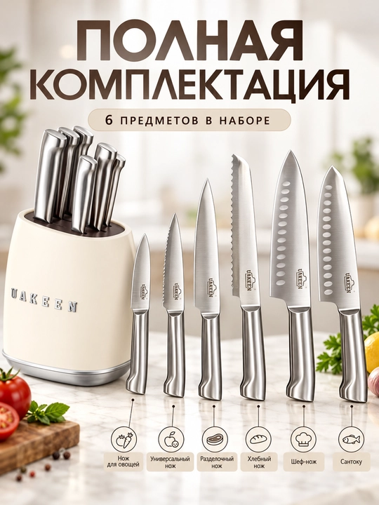 Uakeen 6 qismli oshxona pichog'i to'plami, zanglamaydigan po'latdan yasalgan, Soft-Touch