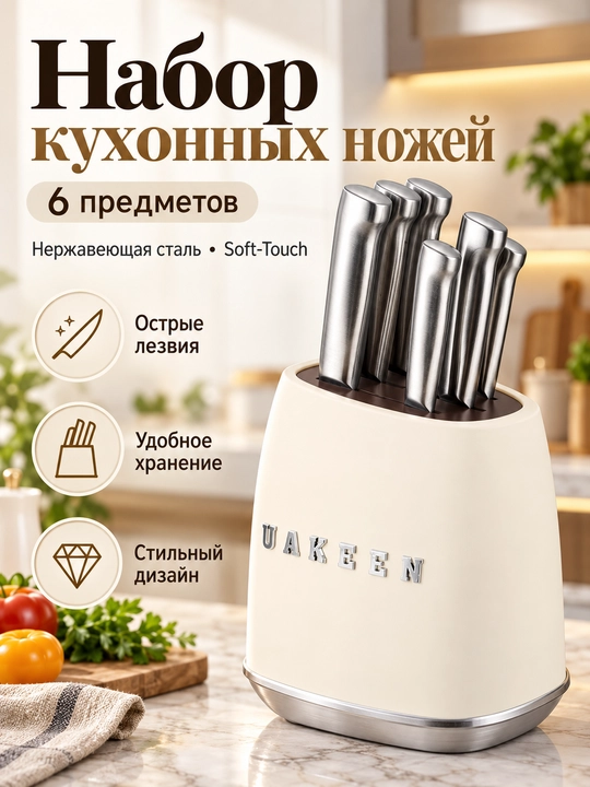 Uakeen 6 qismli oshxona pichog'i to'plami, zanglamaydigan po'latdan yasalgan, Soft-Touch - 