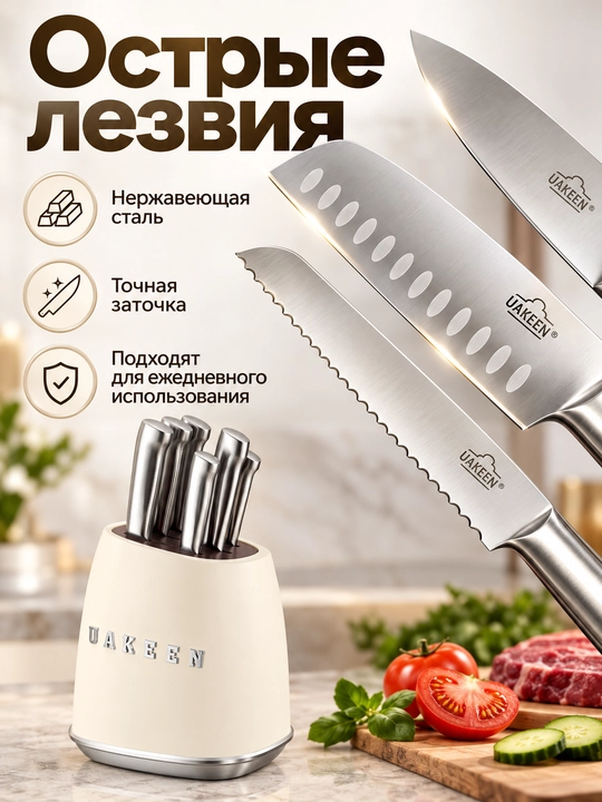 Uakeen 6 qismli oshxona pichog'i to'plami, zanglamaydigan po'latdan yasalgan, Soft-Touch