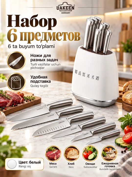 Uakeen 6 qismli oshxona pichog'i to'plami, zanglamaydigan po'latdan yasalgan, Soft-Touch
