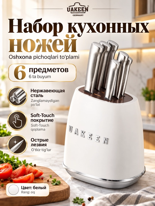 Uakeen 6 qismli oshxona pichog'i to'plami, zanglamaydigan po'latdan yasalgan, Soft-Touch - 