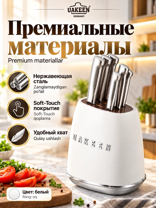 Uakeen 6 qismli oshxona pichog'i to'plami, zanglamaydigan po'latdan yasalgan, Soft-Touch