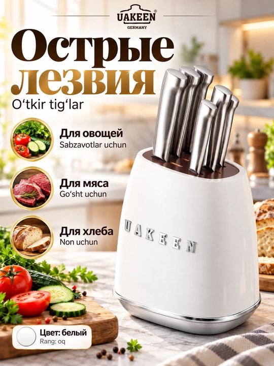 Uakeen 6 qismli oshxona pichog'i to'plami, zanglamaydigan po'latdan yasalgan, Soft-Touch