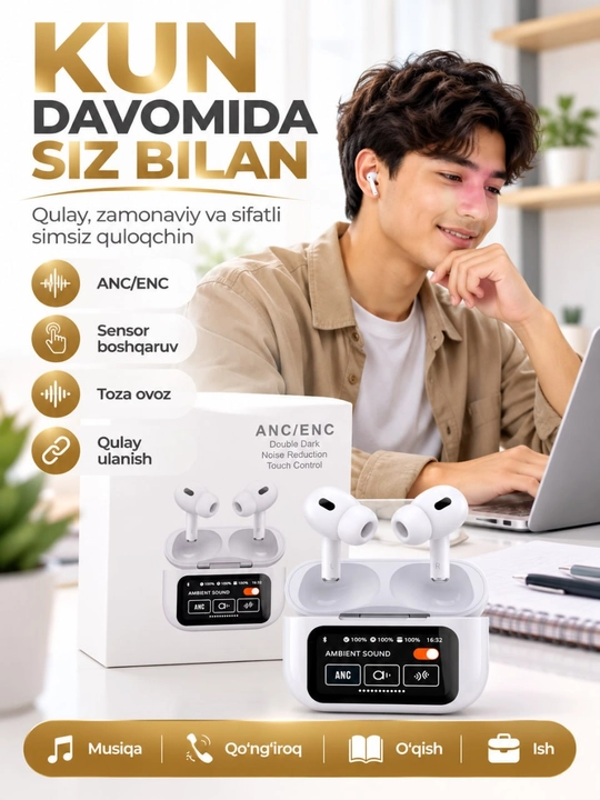 Simsiz quloqchinlar A9 Pro, sensorli,ekranli keys, Bluetooth 5.4