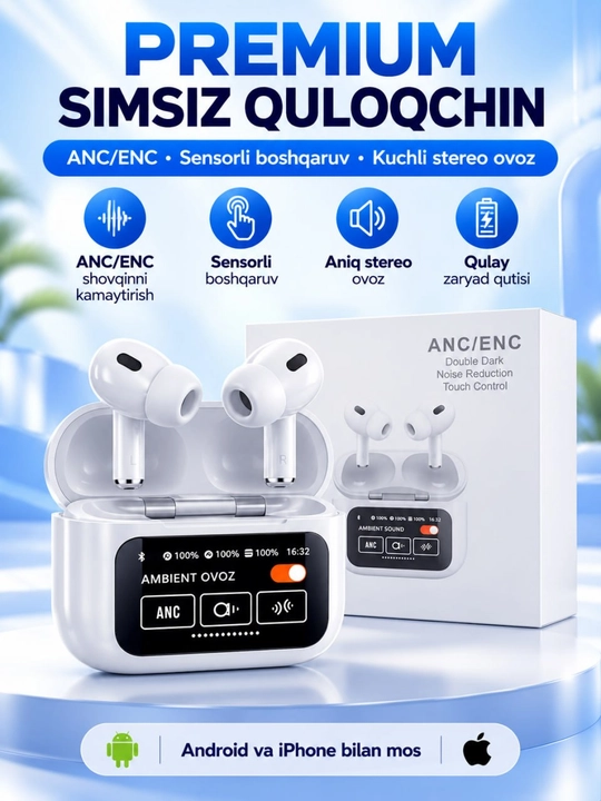 Simsiz quloqchinlar A9 Pro, sensorli,ekranli keys, Bluetooth 5.4