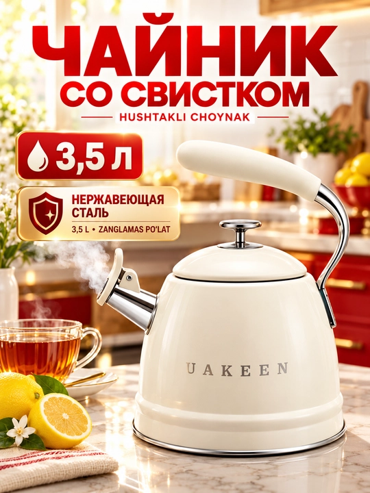 Hushtakli choynak — 3.5 litr, zanglamaydigan poʻlat, silikon tutqich - 
