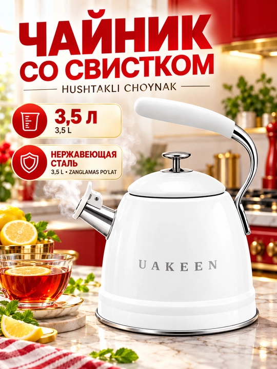 Hushtakli choynak — 3.5 litr, zanglamaydigan poʻlat, silikon tutqich - 