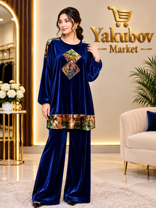 Ayollar uchun ikkitalik kostyum, yumshoq mato, keng shim va naqshli ko‘ylak, zamonaviy to‘plam - 