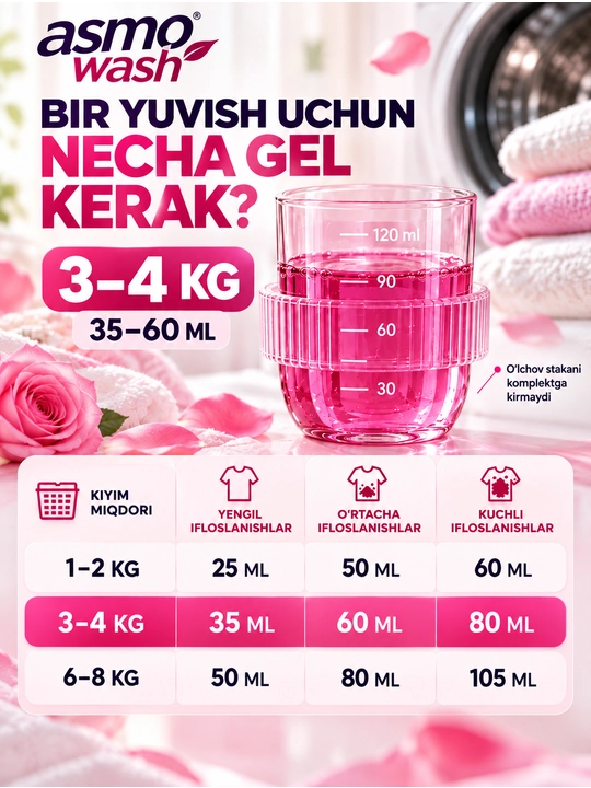 Asmo Wash suyuq kir kukuni gel 3 litr, konsentrat, atirgul hidli, universal, 60 yuvish