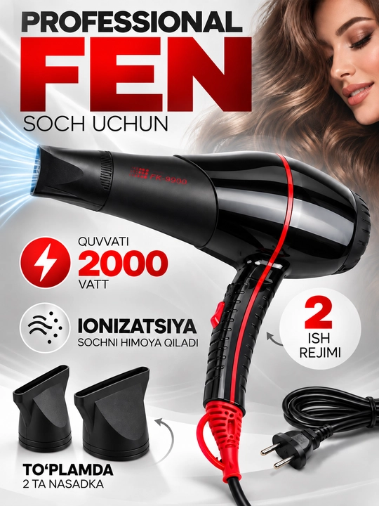 Фен для волос FAKANG FK9900, 2000 Вт, ION, мощный, с 2 насадками