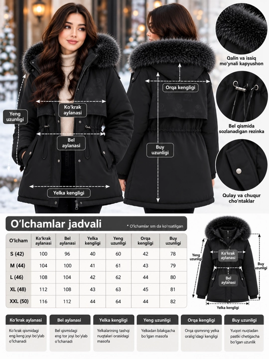 Ayollar va qizlar uchun uzun qavilgan kurtka, kapyushonli, belbog‘li, M, L, XL, XXL