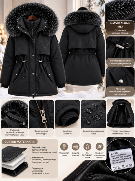 Ayollar va qizlar uchun uzun qavilgan kurtka, kapyushonli, belbog‘li, M, L, XL, XXL