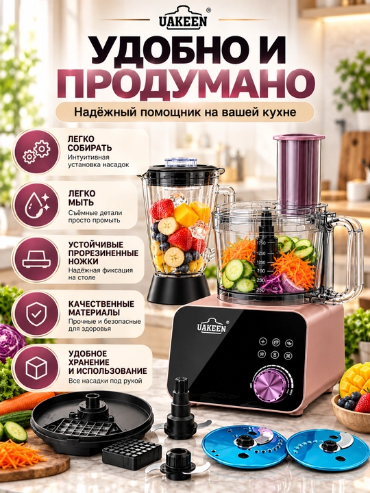 Кухонный комбайн 3 в 1 Uakeen (блендер, чоппер, овощерезка), 1500 Вт, чаша 2.5 л