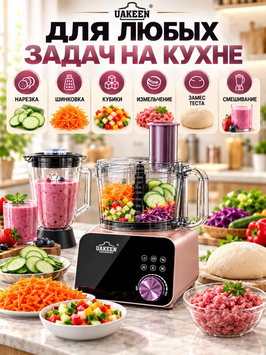 Кухонный комбайн 3 в 1 Uakeen (блендер, чоппер, овощерезка), 1500 Вт, чаша 2.5 л