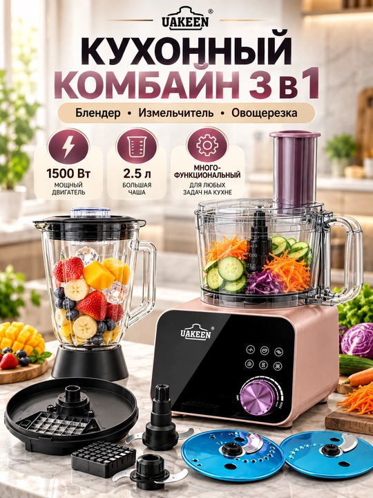 Кухонный комбайн 3 в 1 Uakeen (блендер, чоппер, овощерезка), 1500 Вт, чаша 2.5 л