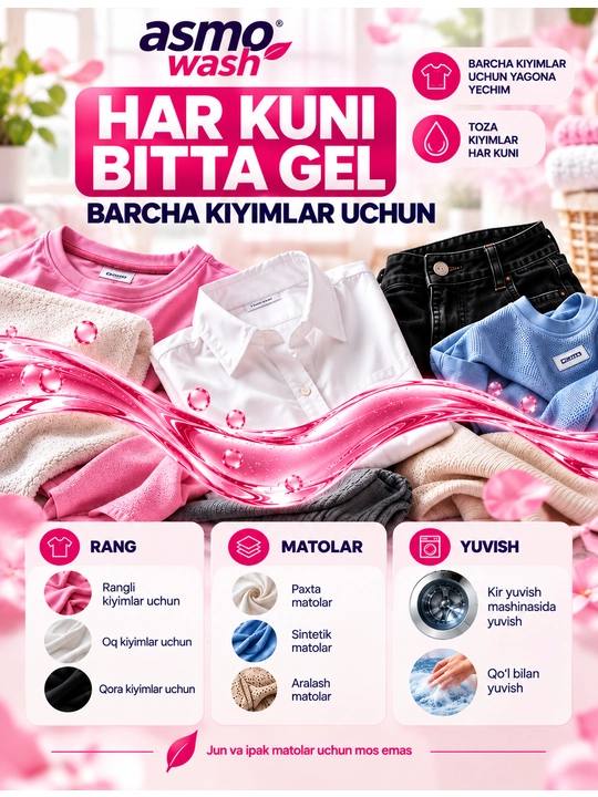 Asmo Wash suyuq kir kukuni gel 3 litr, konsentrat, atirgul hidli, universal, 60 yuvish