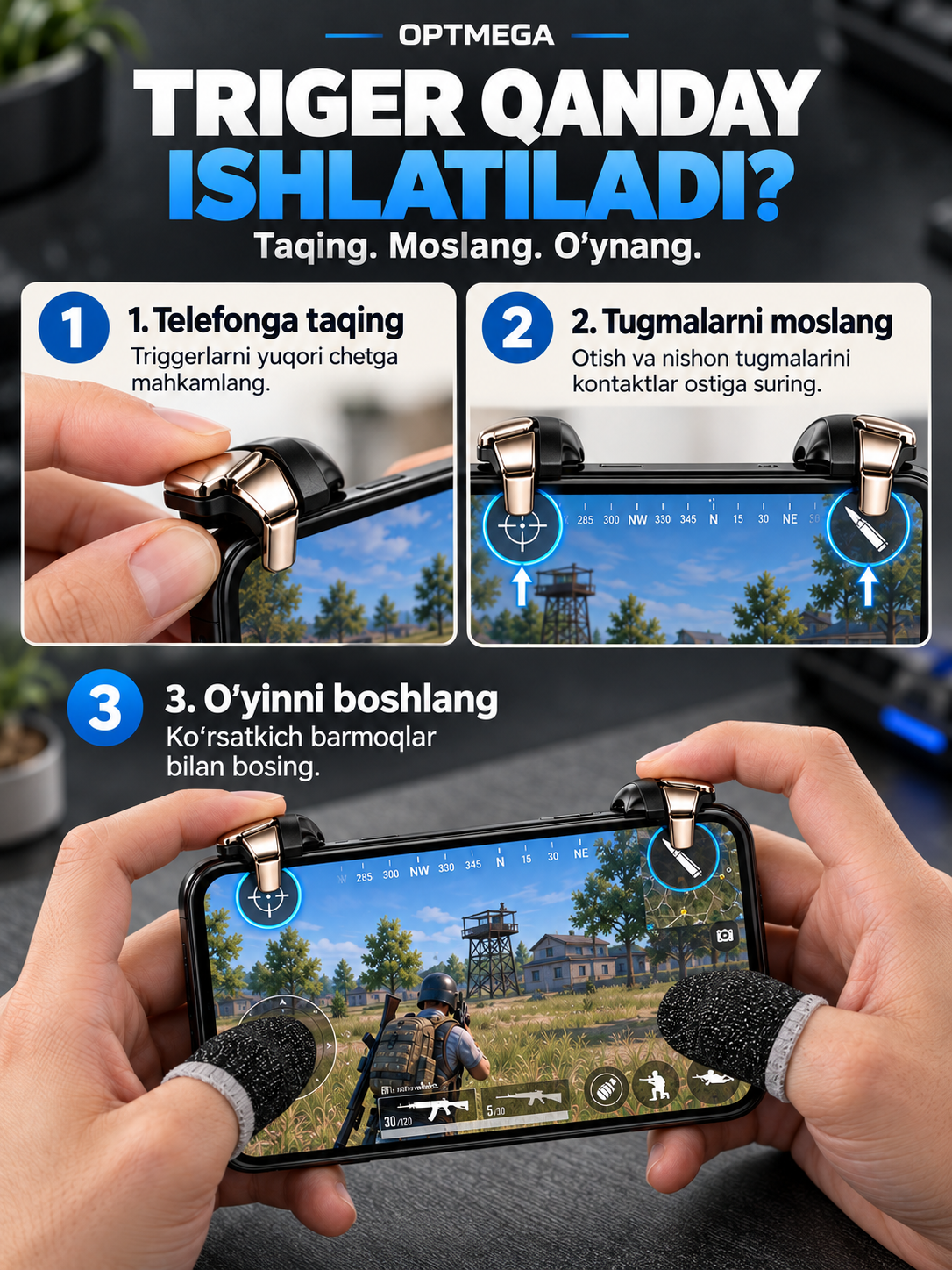 Triggerlar, barmoq uchlari, Pubg, Free Fire, Standoff o‘yinlari uchun, telefon uchun