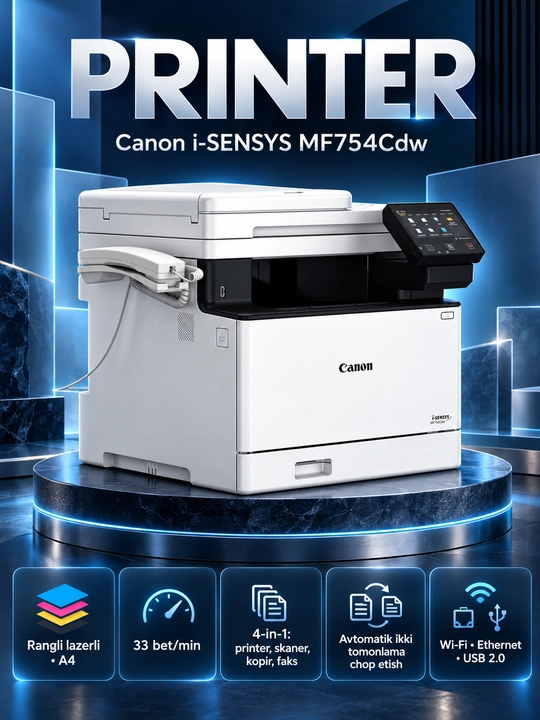 МФУ Canon i-SENSYS MF754Cdw, цветной лазерный, A4, 33 стр/мин, Wi-Fi, сканер, факс - 