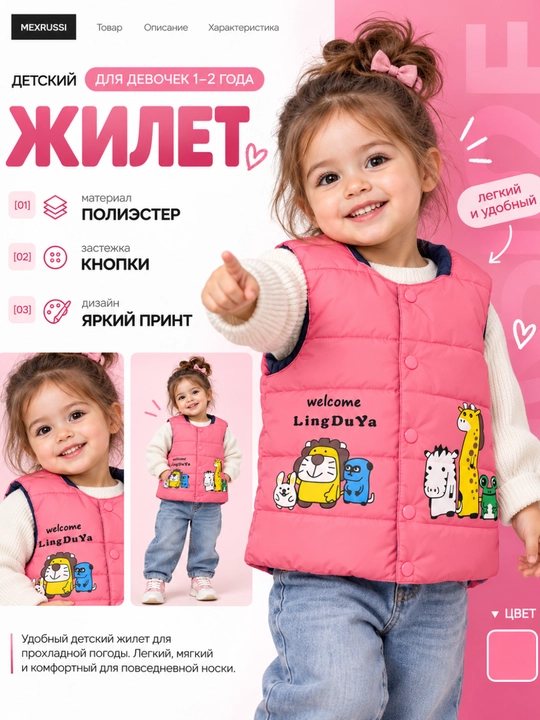 Qizaloqlar uchun kuz, qish mavsumi uchun yengil kamzul, jilet, 1 yoshdan 3 yoshgacha - 