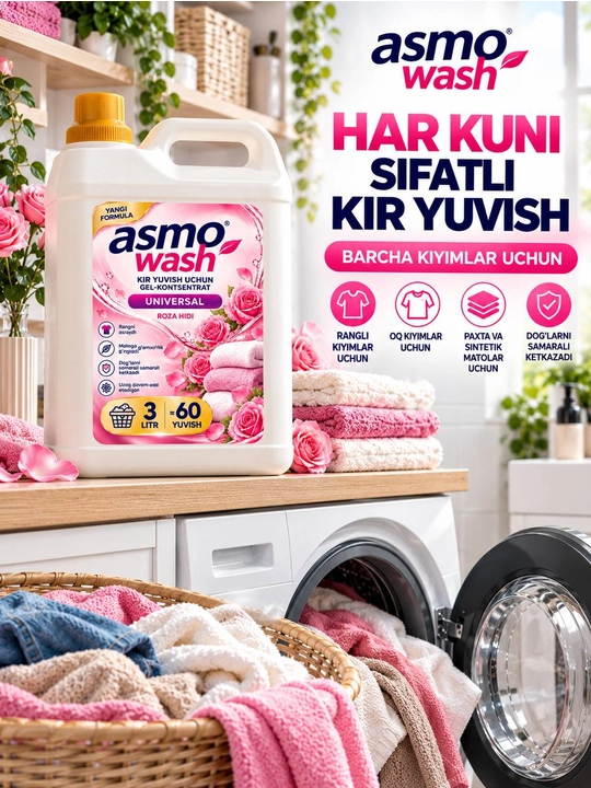 Asmo Wash suyuq kir kukuni gel 3 litr, konsentrat, atirgul hidli, universal, 60 yuvish