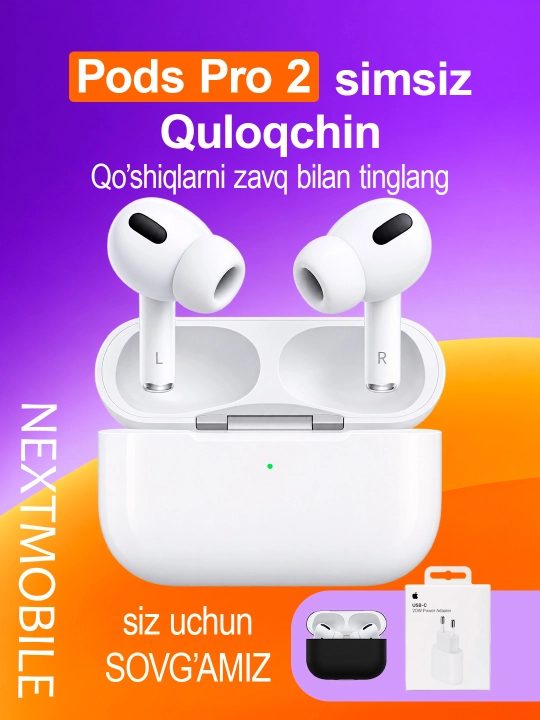 Pods Pro 2 simsiz quloqchinlari, iPhone va Android uchun Bluetooth, sensorli - 