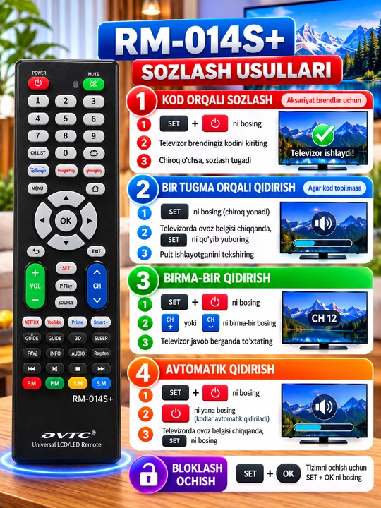 Universal Pult RM-014S+, 1000+ Televizorlar uchun masofadan boshqaruv pulti,Smart TV pulti