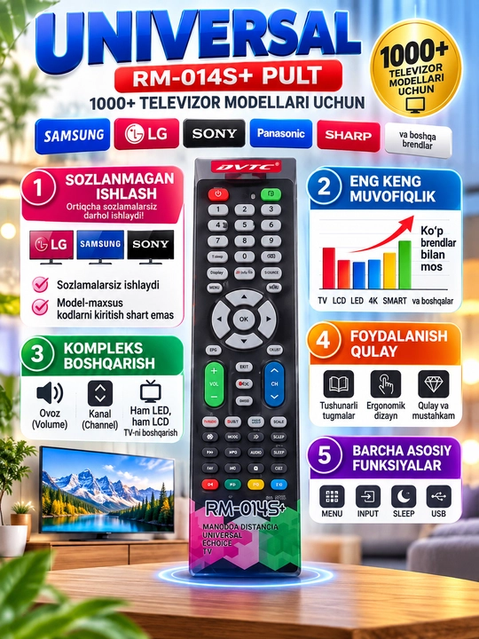 Universal Pult RM-014S+, 1000+ Televizorlar uchun masofadan boshqaruv pulti,Smart TV pulti - 