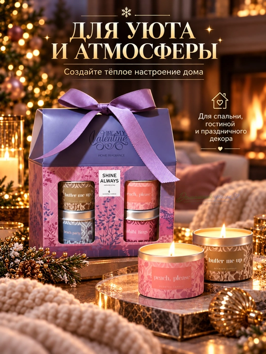 Подарочный набор ароматических свечей в баночках «BE MY VALENTINE» 4 шт