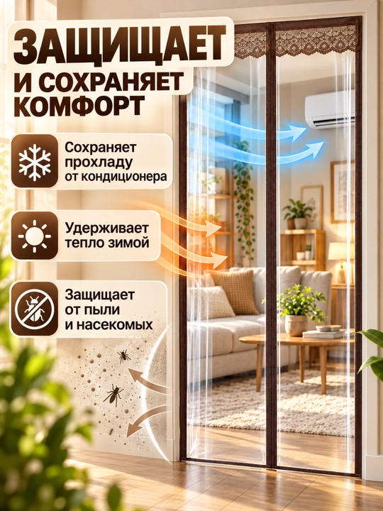 Прозрачная магнитная штора на дверь от холода и ветра, EVA, 210 см