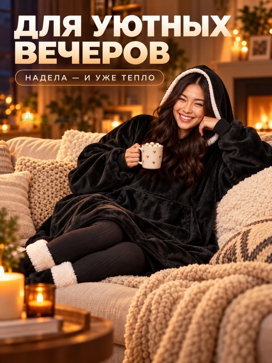 Kapishonli va yengli pled-tolstovka Huggle Hoodie — qulaylik va issiqlik birgalikda - 