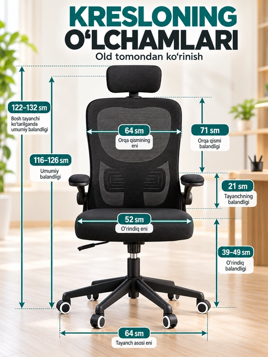Ergonomik ofis kreslosi, bel tayanchi, to'rli suyanchiq va bosh suyanchig'i bilan