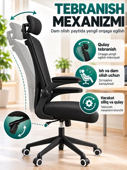 Ergonomik ofis kreslosi, bel tayanchi, to'rli suyanchiq va bosh suyanchig'i bilan