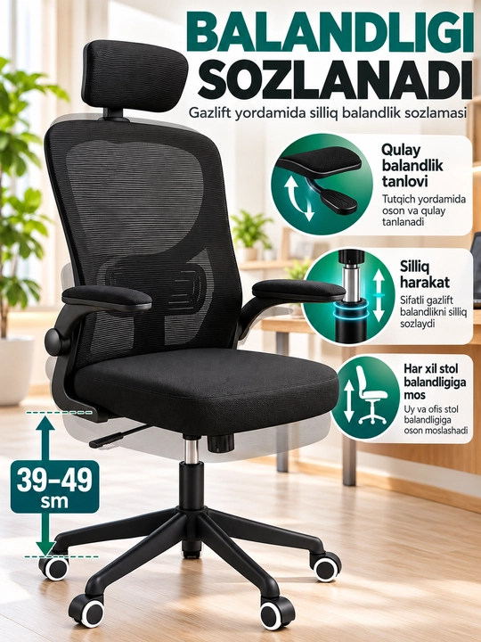 Ergonomik ofis kreslosi, bel tayanchi, to'rli suyanchiq va bosh suyanchig'i bilan
