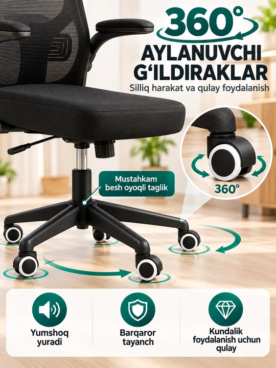 Ergonomik ofis kreslosi, bel tayanchi, to'rli suyanchiq va bosh suyanchig'i bilan