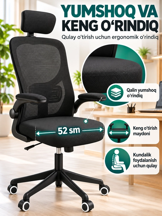 Ergonomik ofis kreslosi, bel tayanchi, to'rli suyanchiq va bosh suyanchig'i bilan