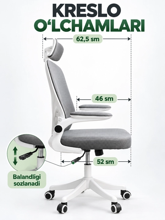 Ergonomik ofis kreslosi, bel tayanchi, to'rli suyanchiq va bosh suyanchig'i bilan